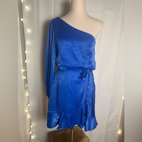 Peach Love California Blue One Shoulder Wrap Dress - Picture 1 of 7